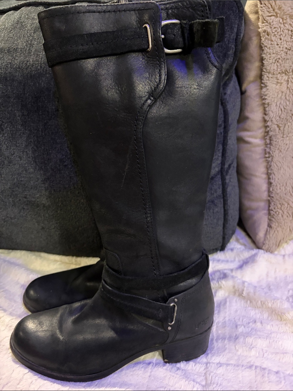 UGG Black Leather Tall Buckle Riding Boots
